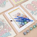 Numbered paint pots and brushes on a pre-stretched Pop Attitude mini canvas