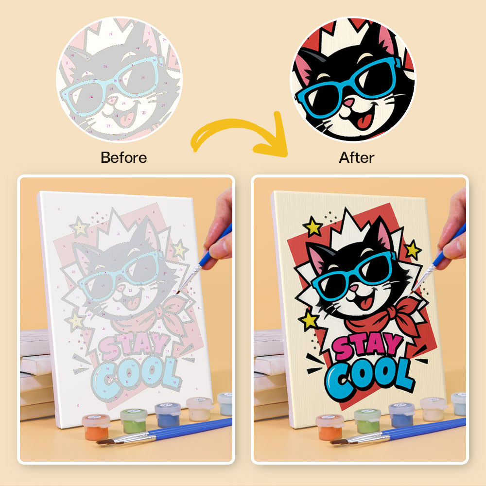 Before and after of a Pop Attitude mini paint by numbers canvas