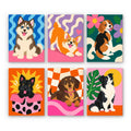Pop Pups mini paint by numbers set: six happy puppies on bold retro patterns, including a husky, a corgi, a beagle, a terrier, a dachshund and a border collie