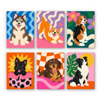 Pop Pups mini paint by numbers set: six happy puppies on bold retro patterns, including a husky, a corgi, a beagle, a terrier, a dachshund and a border collie