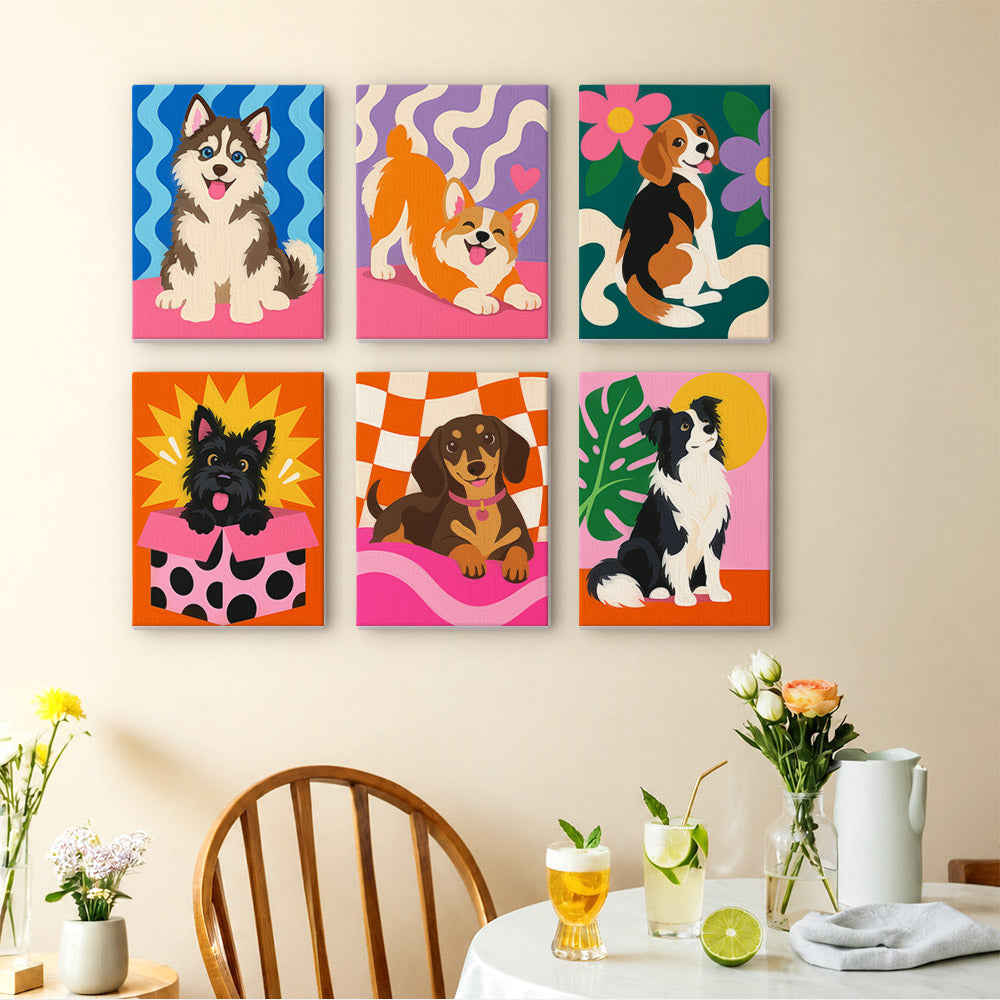 Pop Pups mini paintings displayed as a gallery wall in a sunny kitchen