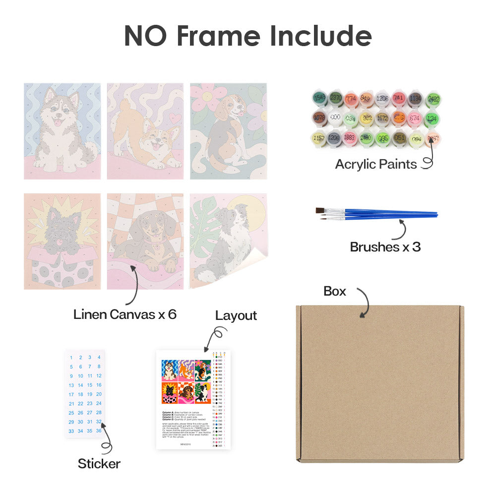 What's included without a frame: six rolled Pop Pups mini canvases, acrylic paints, three brushes and layout