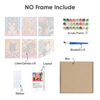 What's included without a frame: six rolled Pop Pups mini canvases, acrylic paints, three brushes and layout
