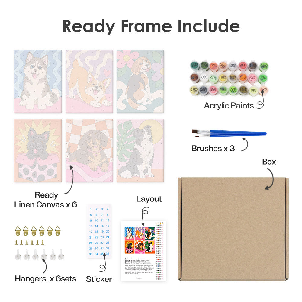 What's included pre-stretched on frame: six framed Pop Pups mini canvases, paints, three brushes, hangers and layout