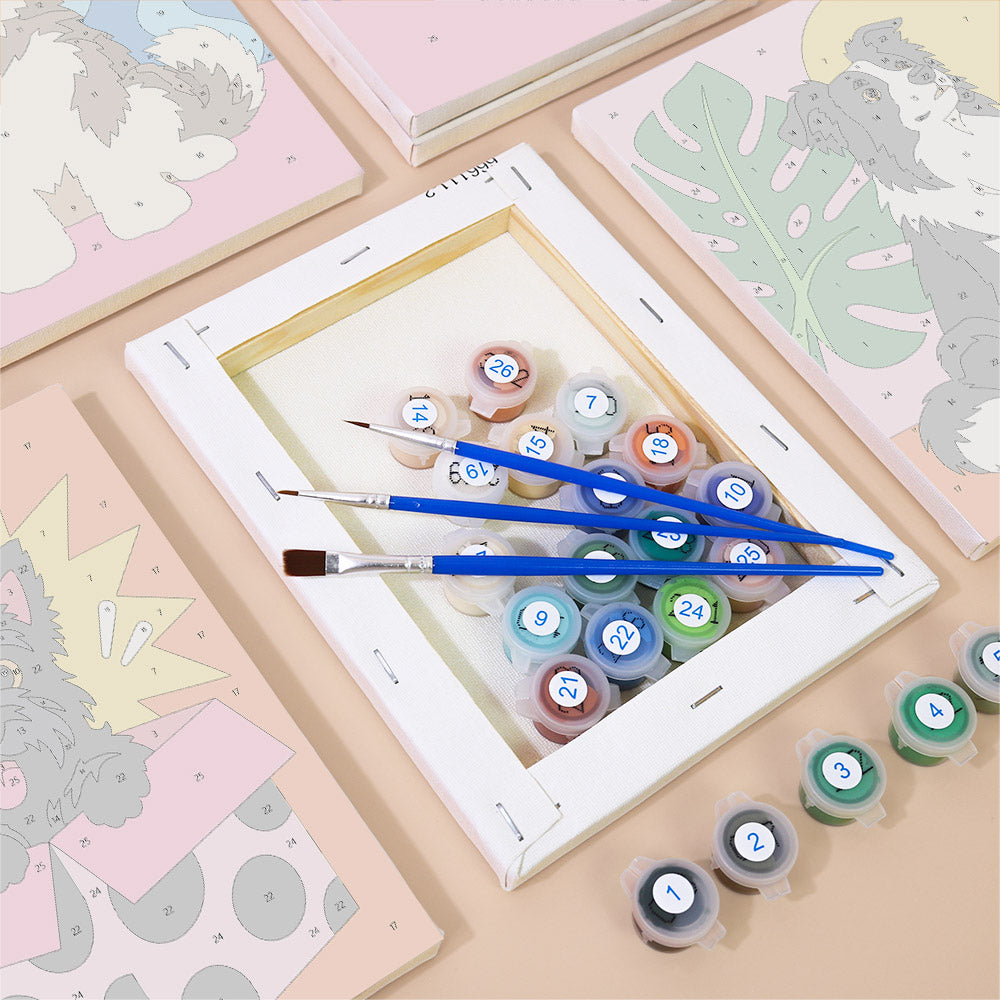 Numbered paint pots and brushes on a pre-stretched Pop Pups mini canvas