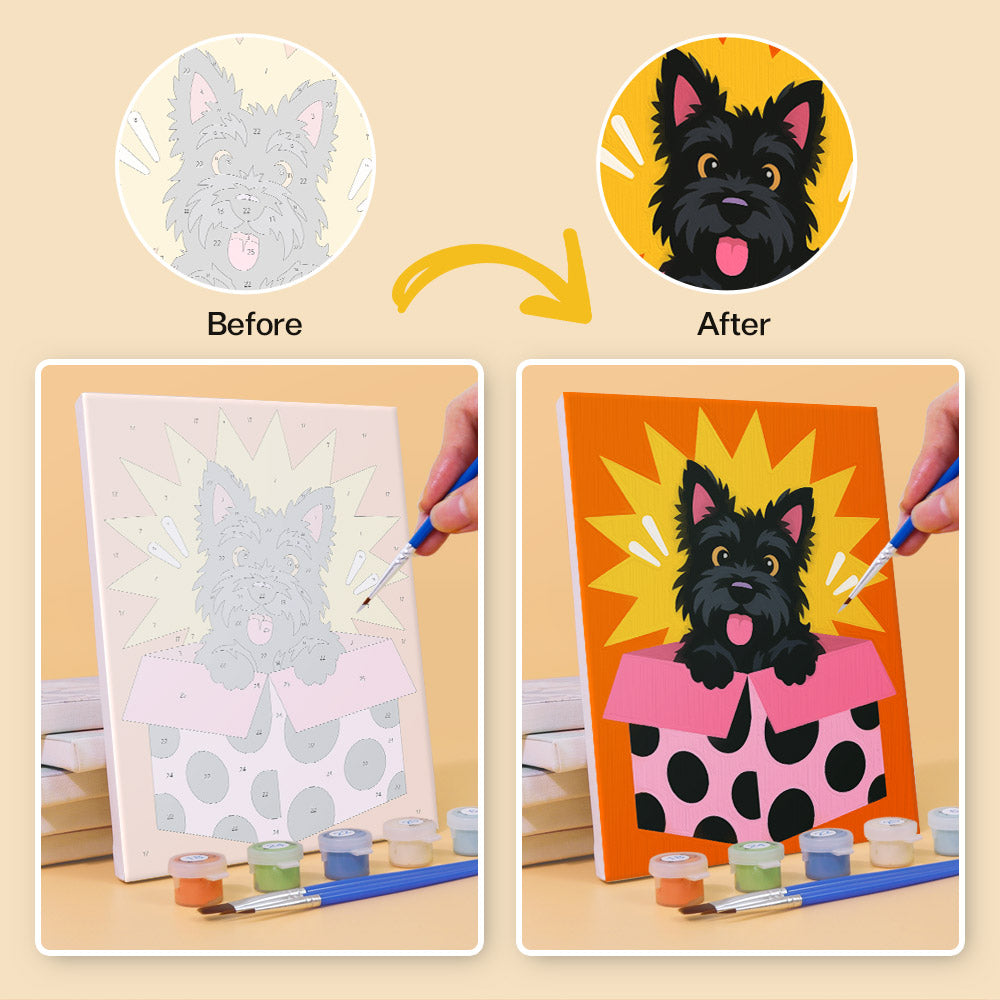 Before and after of a Pop Pups mini paint by numbers canvas