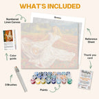 What's included in the Poppies and Peace paint by numbers kit: numbered linen canvas, reference sheet, color guide, 24 acrylic paints, 3 brushes and thank you card