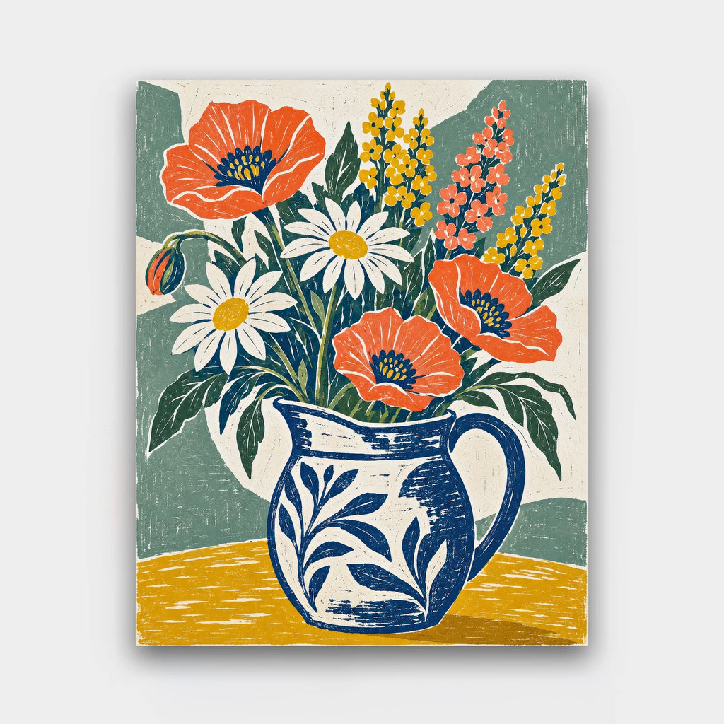 Poppies in a Blue Jug paint by numbers kit of poppies, daisies and wildflowers in a blue-and-white jug in bold linocut style
