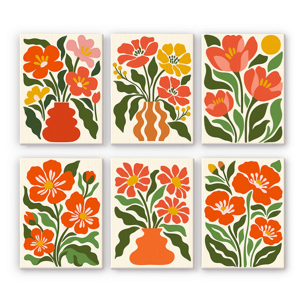 Poppy Parade mini paint by numbers set: six designs of red and orange poppies, some in terracotta vases
