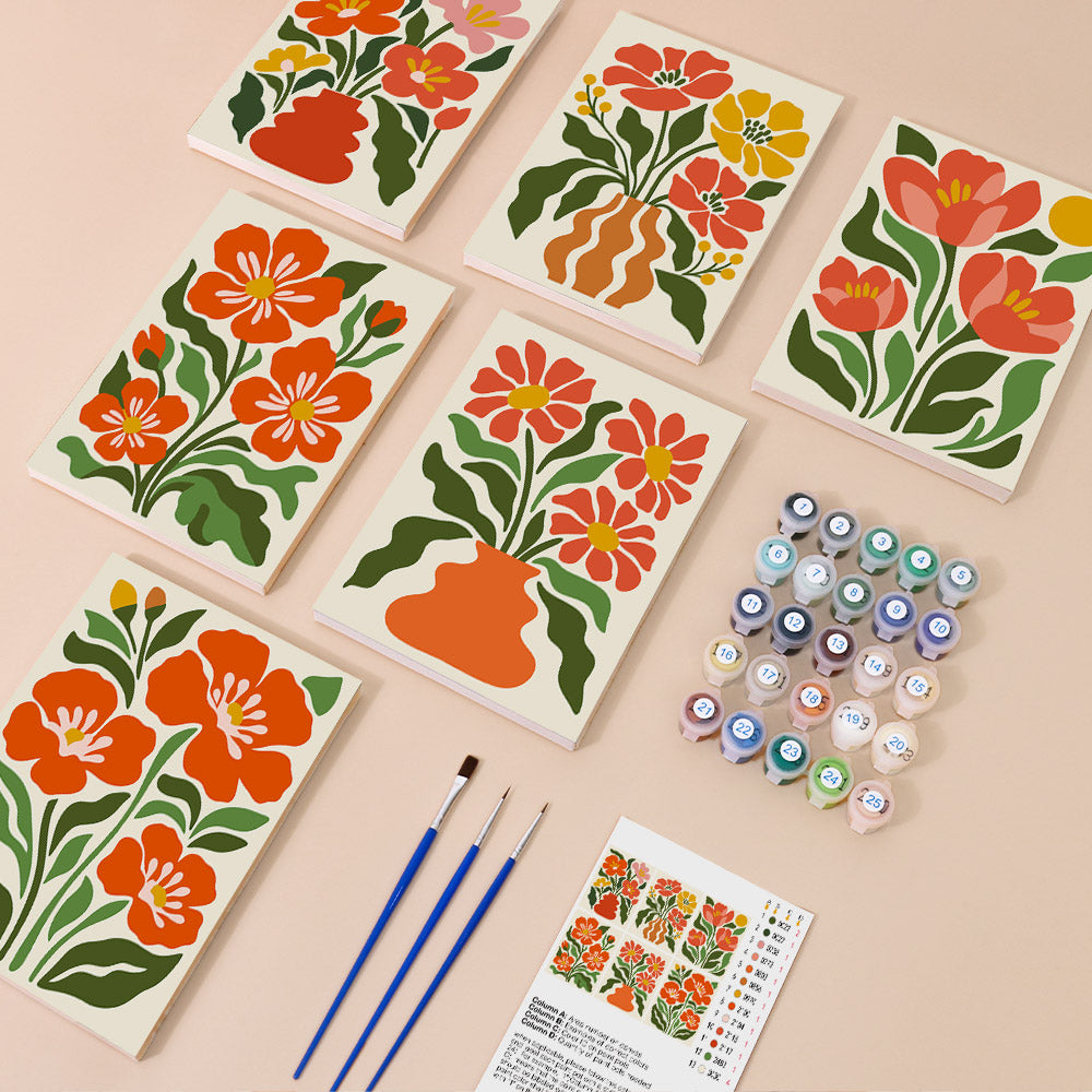 Poppy Parade mini paint by numbers kit with six numbered canvases, acrylic paints, brushes and layout