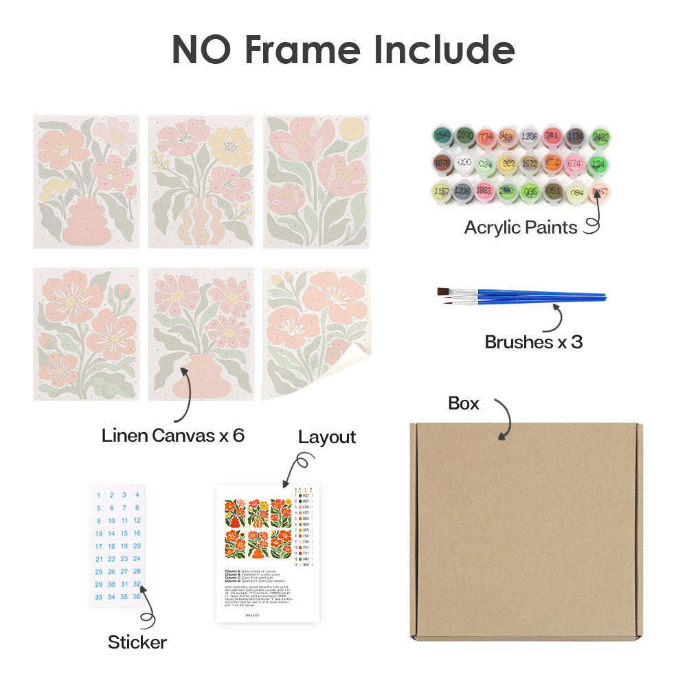 What's included without a frame: six rolled Poppy Parade mini canvases, acrylic paints, three brushes and layout