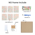 What's included without a frame: six rolled Poppy Parade mini canvases, acrylic paints, three brushes and layout
