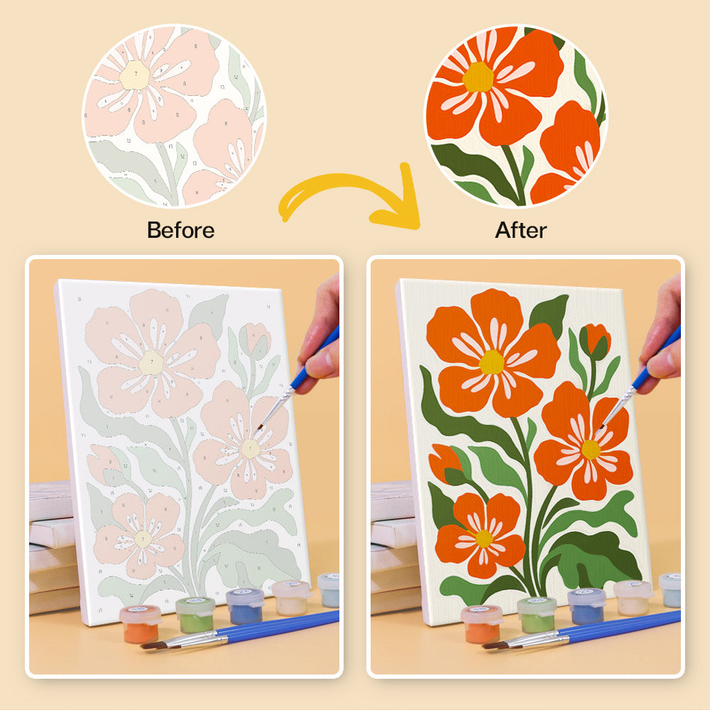 Before and after of a Poppy Parade mini paint by numbers canvas