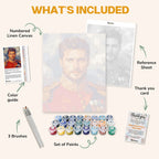 What's included in the Portrait of Commander paint by numbers kit: numbered linen canvas, reference sheet, color guide, 24 acrylic paints, 3 brushes and thank you card
