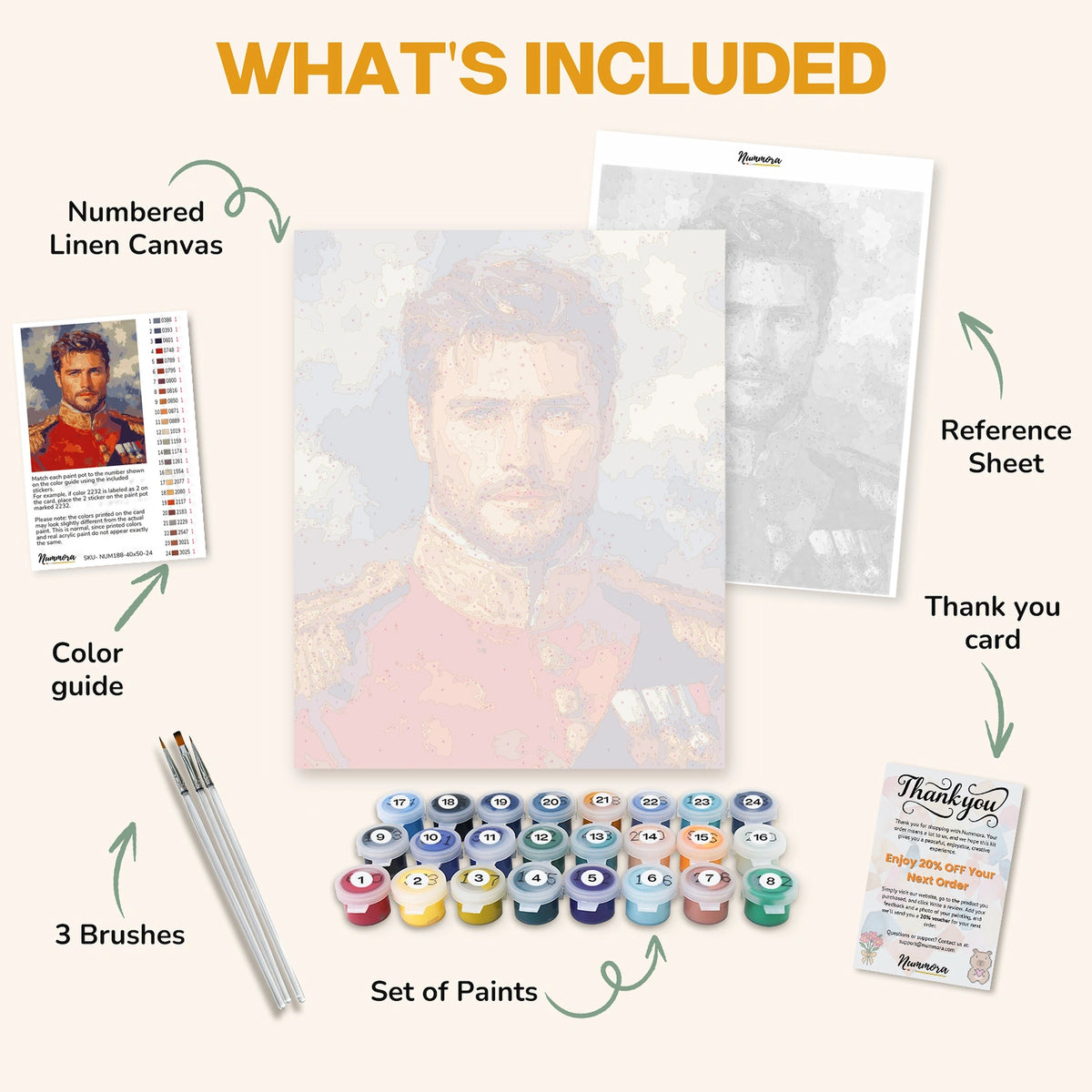 What's included in the Portrait of Commander paint by numbers kit: numbered linen canvas, reference sheet, color guide, 24 acrylic paints, 3 brushes and thank you card
