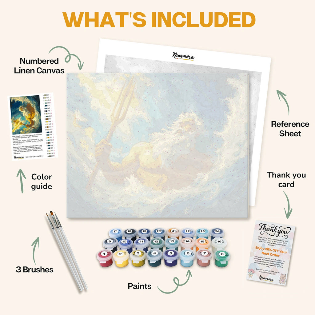 What's included in the Poseidon's Triumph paint by numbers kit: numbered linen canvas, reference sheet, color guide, 24 acrylic paints, 3 brushes and thank you card