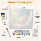 What's included in the Poseidon's Triumph paint by numbers kit: numbered linen canvas, reference sheet, color guide, 24 acrylic paints, 3 brushes and thank you card