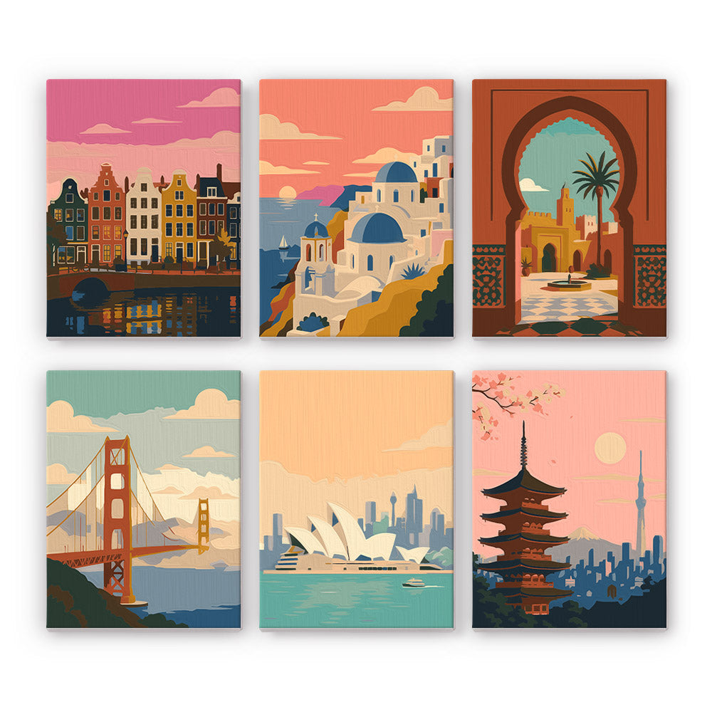Postcards from Afar mini paint by numbers set: six travel scenes of Amsterdam, Santorini, Morocco, San Francisco, Sydney and Tokyo