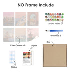 What's included without a frame: six rolled Postcards from Afar mini canvases, acrylic paints, three brushes and layout