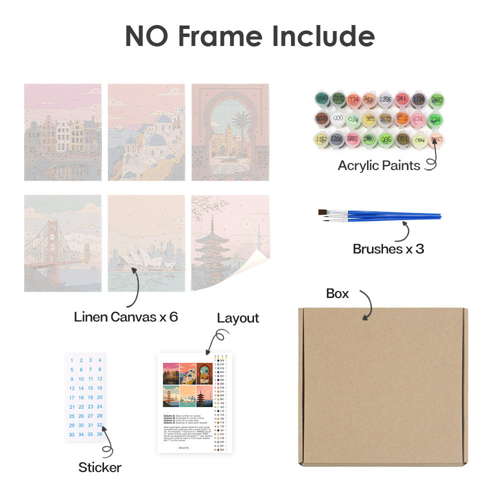 What's included without a frame: six rolled Postcards from Afar mini canvases, acrylic paints, three brushes and layout