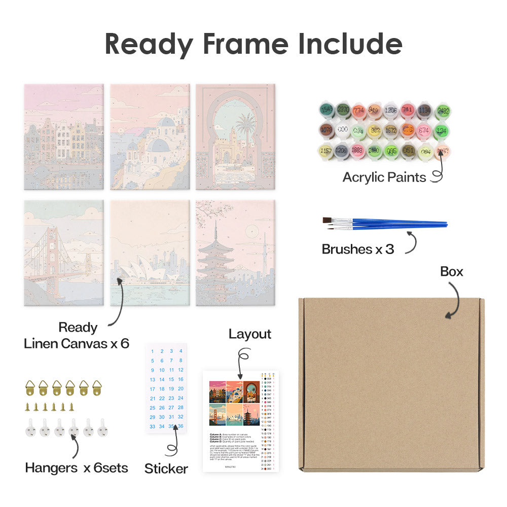 What's included pre-stretched on frame: six framed Postcards from Afar mini canvases, paints, three brushes, hangers and layout