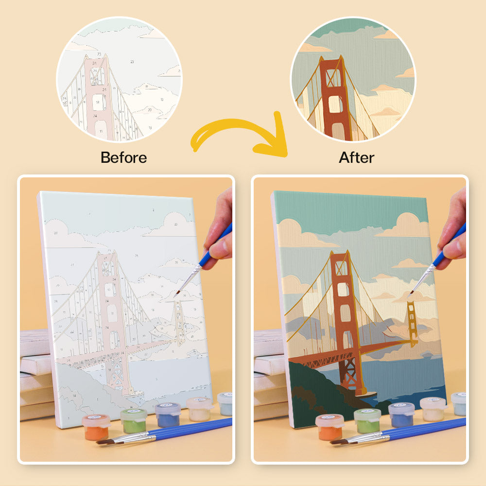 Before and after of a Postcards from Afar mini paint by numbers canvas