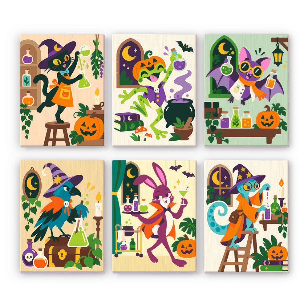 Potion Shop Animals mini paint by numbers set: six animals brewing potions, including a black cat, frog, bat, crow, rabbit and chameleon among shelves of bottles