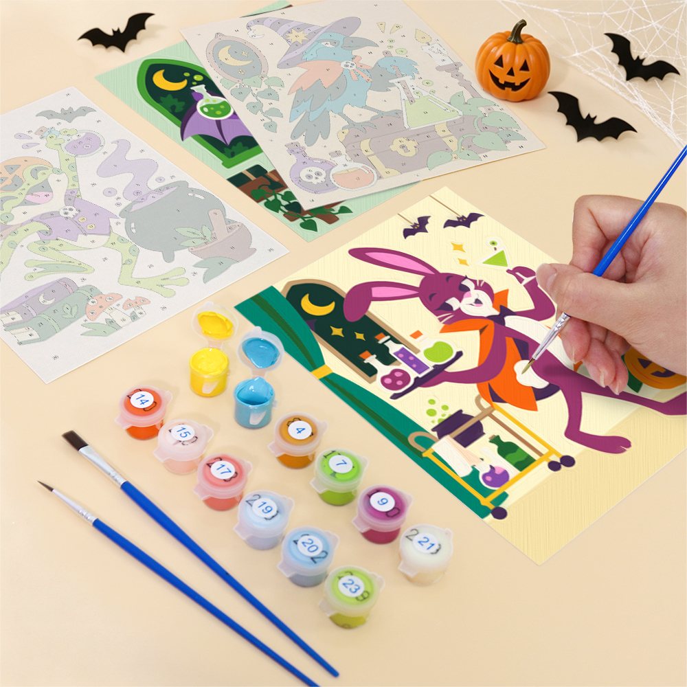 Filling in a Potion Shop Animals mini canvas with numbered acrylic paints and a fine brush