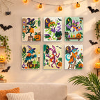 Six finished Potion Shop Animals mini paintings hung on a wall above a table