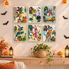 Potion Shop Animals mini paintings displayed as a gallery wall in a sunny kitchen