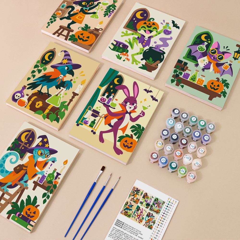 Potion Shop Animals mini paint by numbers kit with six numbered canvases, acrylic paints, brushes and layout