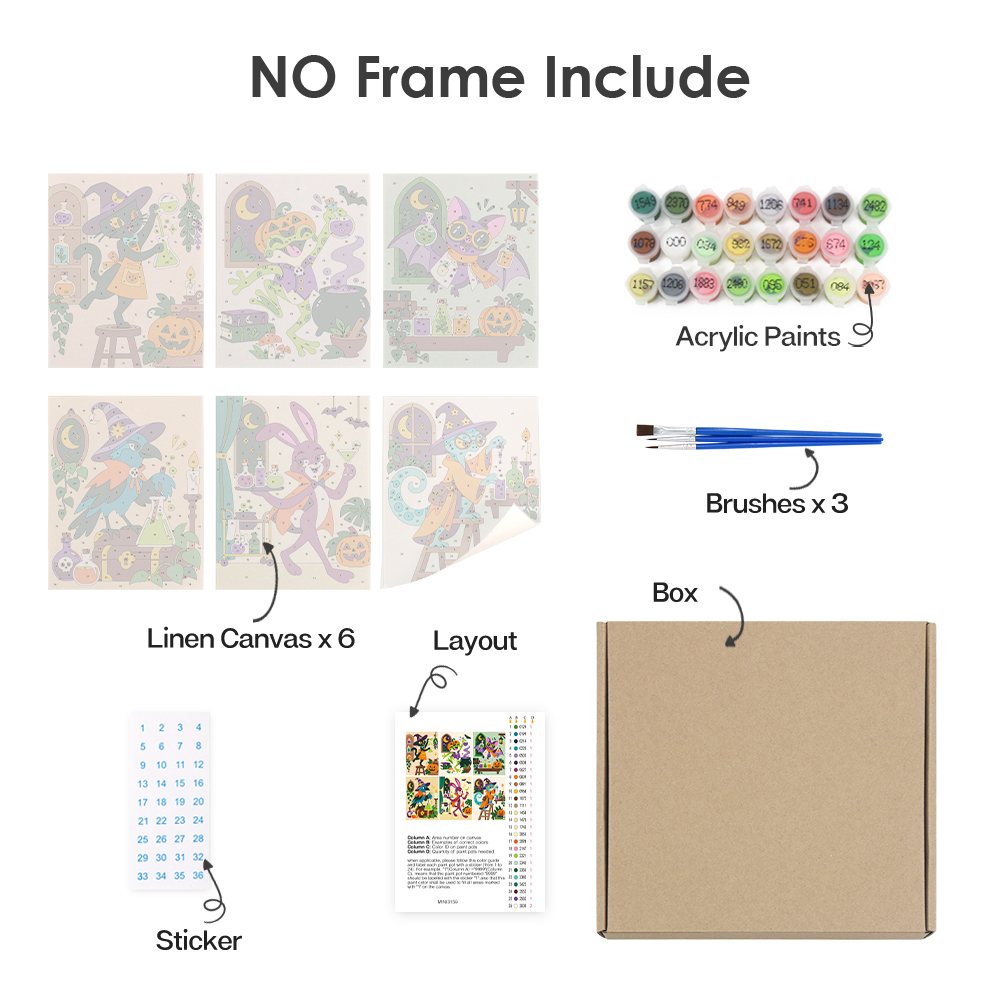 What's included without a frame: six rolled Potion Shop Animals mini canvases, acrylic paints, three brushes and layout