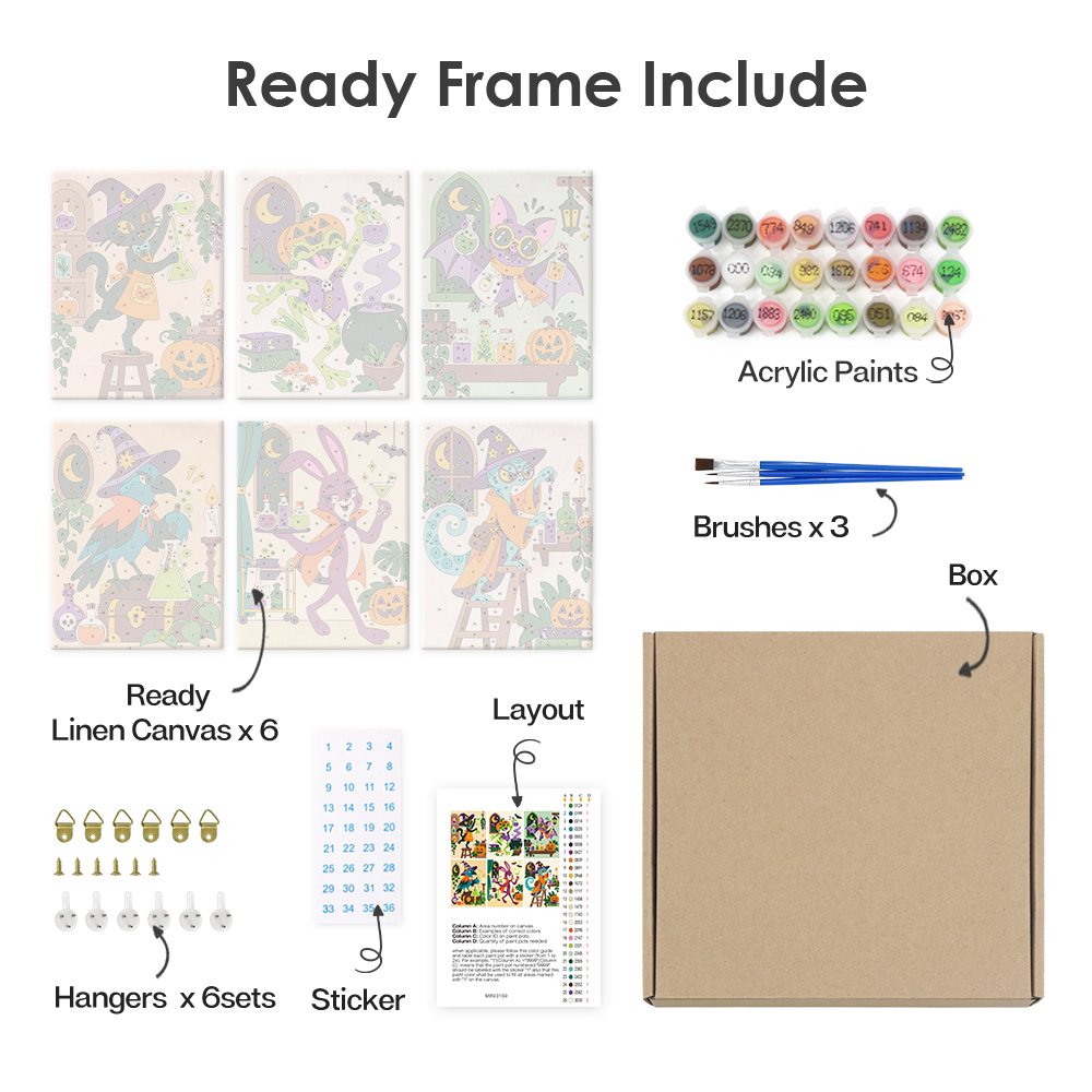 What's included pre-stretched on frame: six framed Potion Shop Animals mini canvases, paints, three brushes, hangers and layout