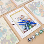 Numbered paint pots and brushes on a pre-stretched Potion Shop Animals mini canvas