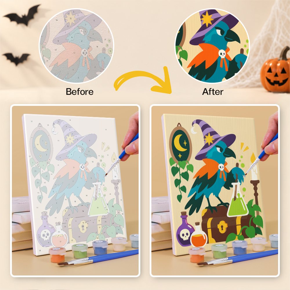 Before and after of a Potion Shop Animals mini paint by numbers canvas