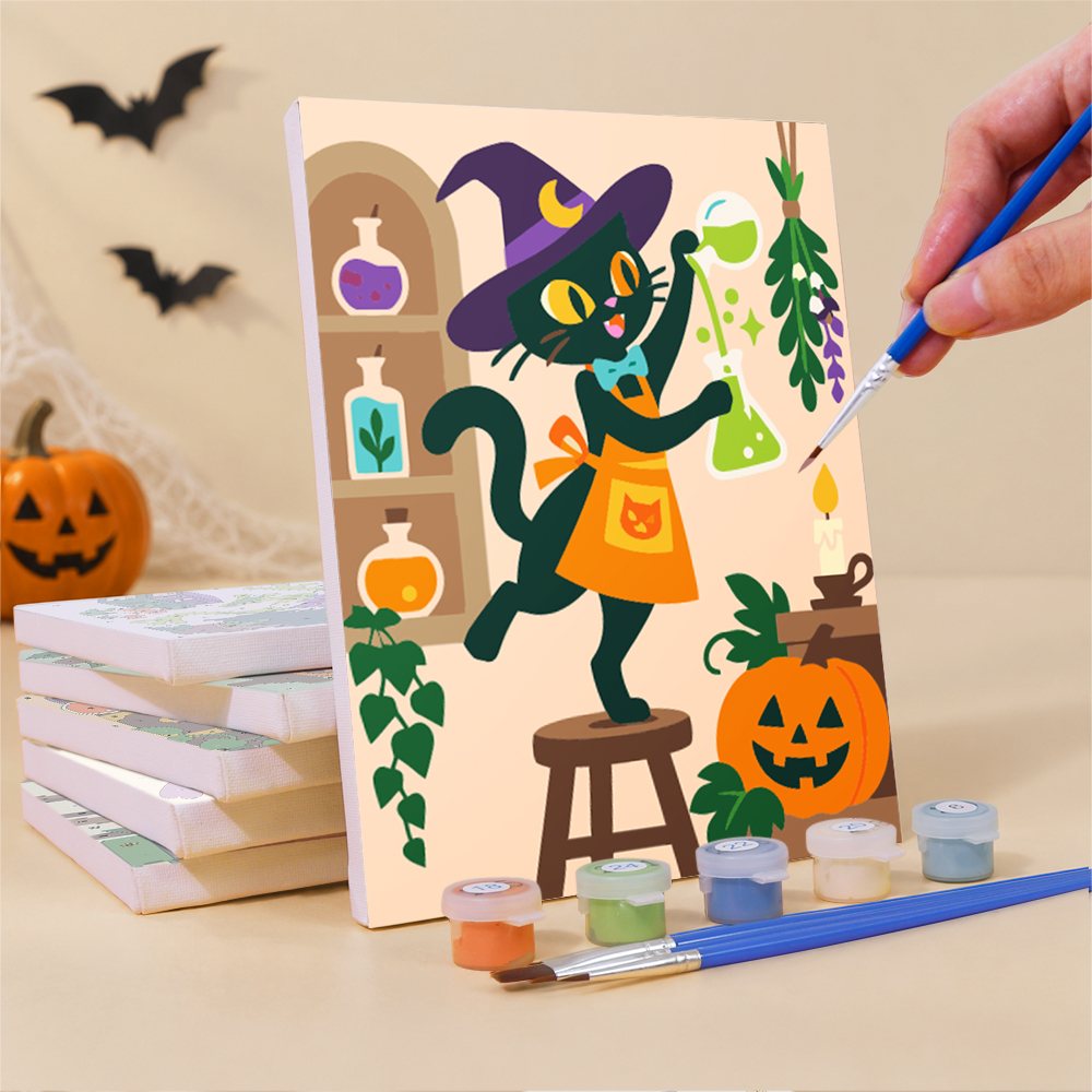 Painting a Potion Shop Animals mini canvas propped up beside numbered acrylic paints