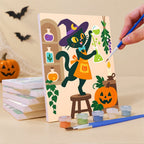 Painting a Potion Shop Animals mini canvas propped up beside numbered acrylic paints