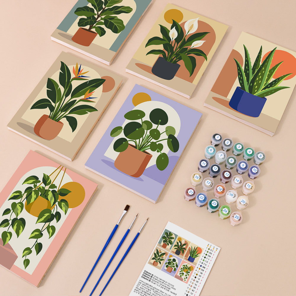 Potted Greens mini paint by numbers kit with six numbered canvases, acrylic paints, brushes and layout