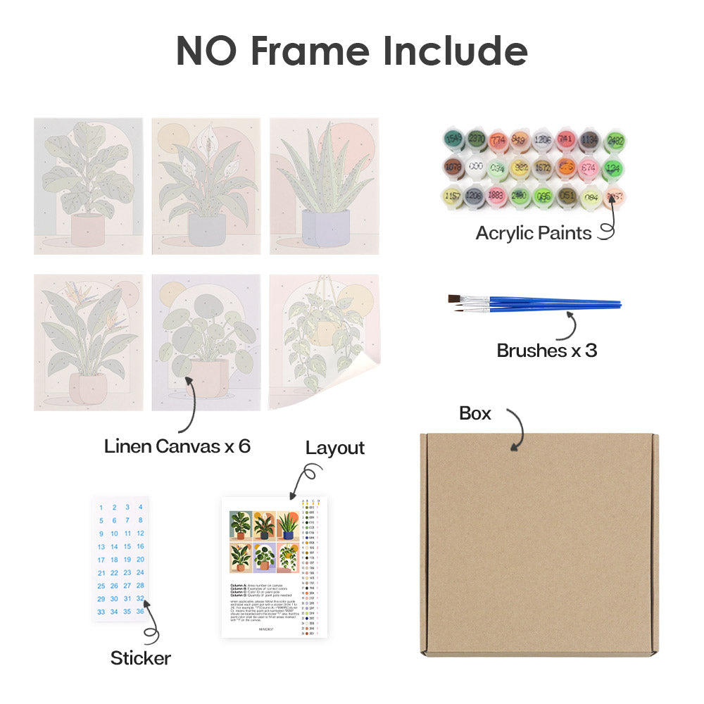 What's included without a frame: six rolled Potted Greens mini canvases, acrylic paints, three brushes and layout