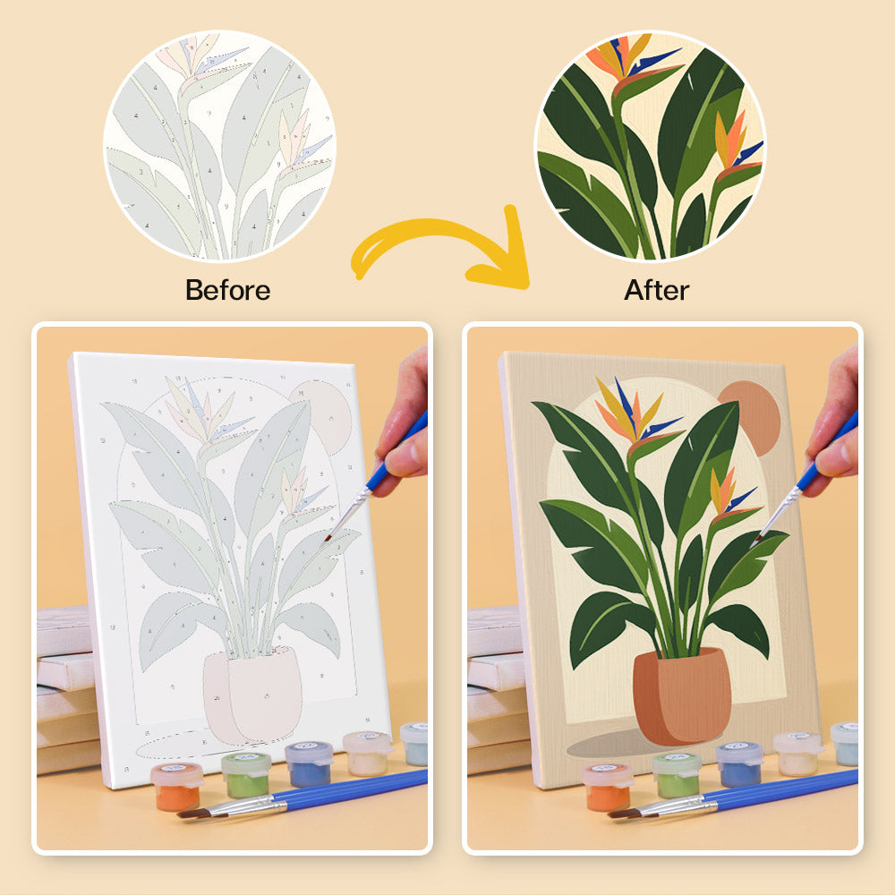 Before and after of a Potted Greens mini paint by numbers canvas