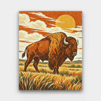 Prairie Bison paint by numbers kit of a bison on golden prairie grass under a big sun in bold linocut style