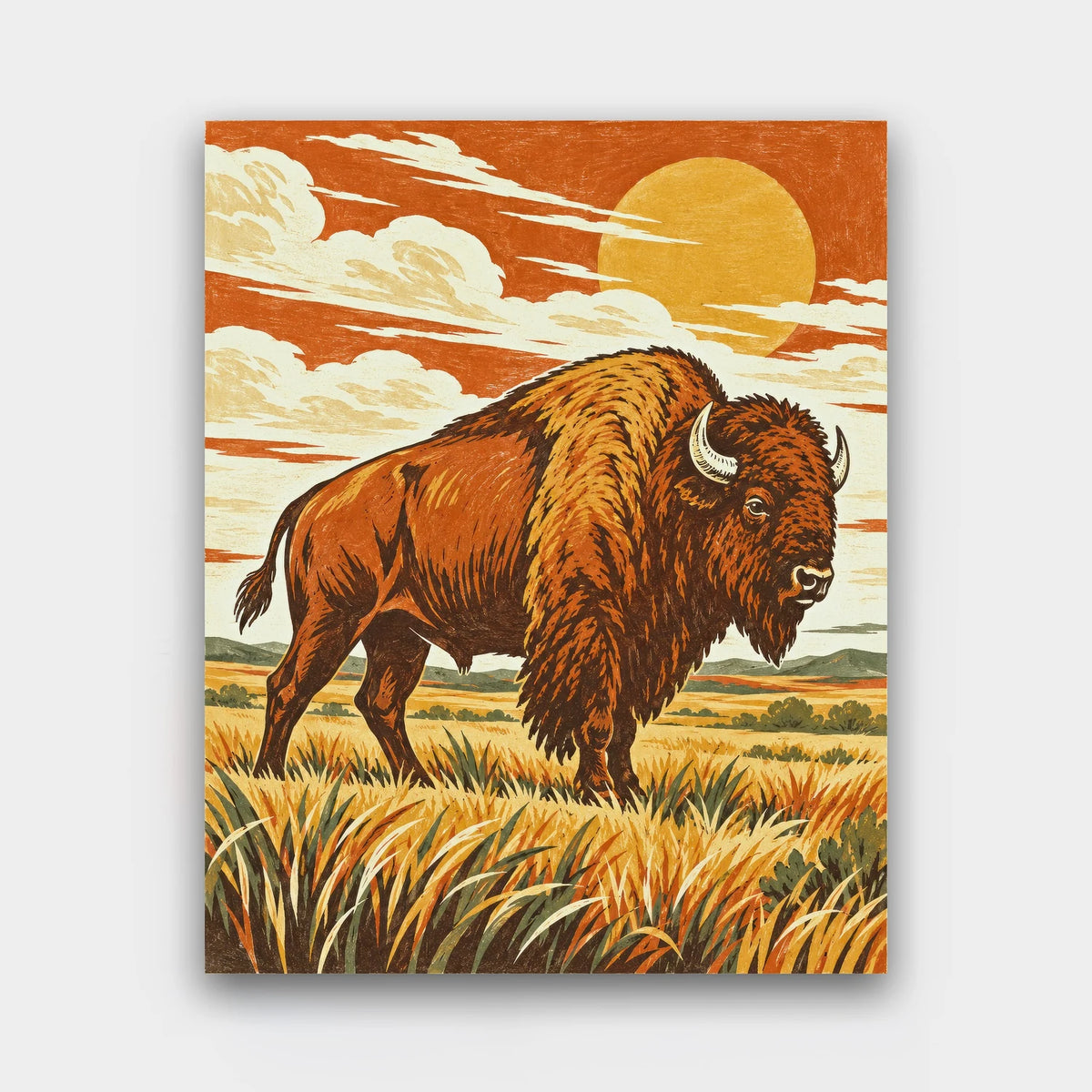 Prairie Bison paint by numbers kit of a bison on golden prairie grass under a big sun in bold linocut style