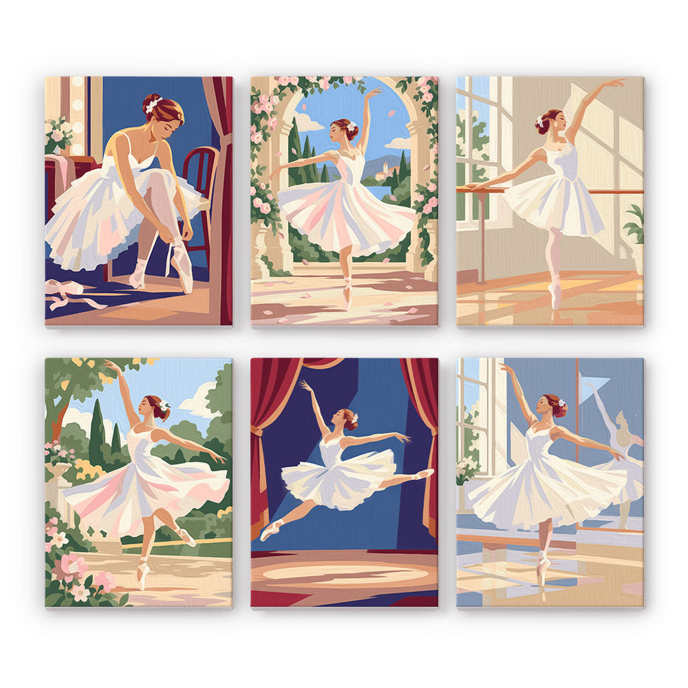 Prima Ballerina mini paint by numbers set: six designs of ballerinas in white tutus in studios, gardens and on stage