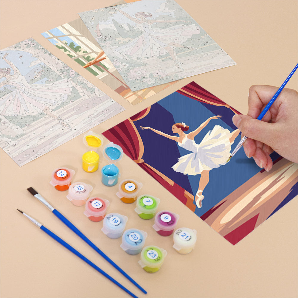 Filling in a Prima Ballerina mini canvas with numbered acrylic paints and a fine brush
