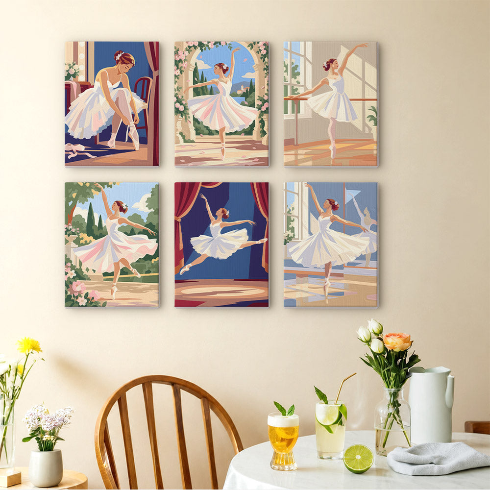 Prima Ballerina mini paintings displayed as a gallery wall in a sunny kitchen