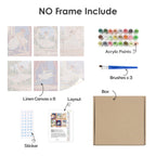 What's included without a frame: six rolled Prima Ballerina mini canvases, acrylic paints, three brushes and layout