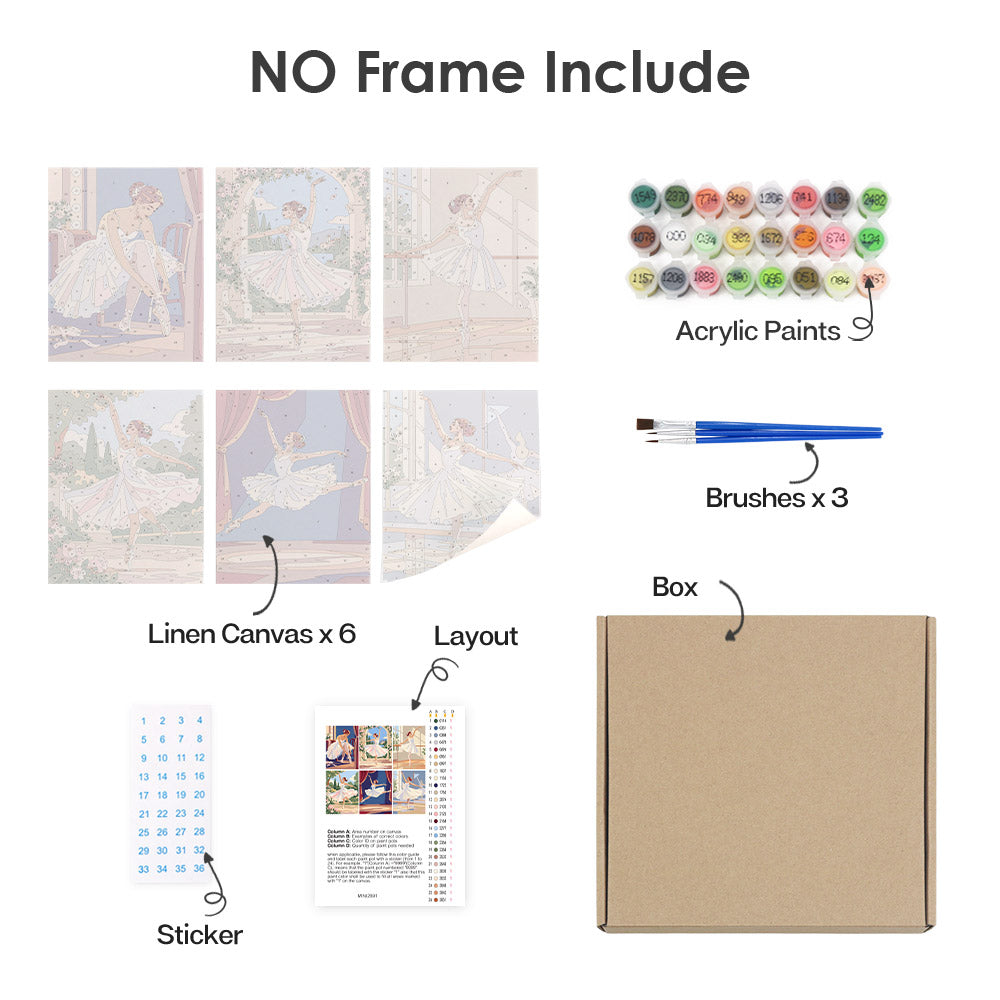 What's included without a frame: six rolled Prima Ballerina mini canvases, acrylic paints, three brushes and layout
