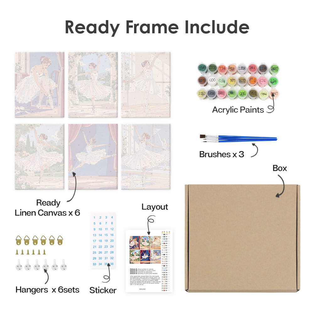 What's included pre-stretched on frame: six framed Prima Ballerina mini canvases, paints, three brushes, hangers and layout