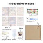 What's included pre-stretched on frame: six framed Prima Ballerina mini canvases, paints, three brushes, hangers and layout