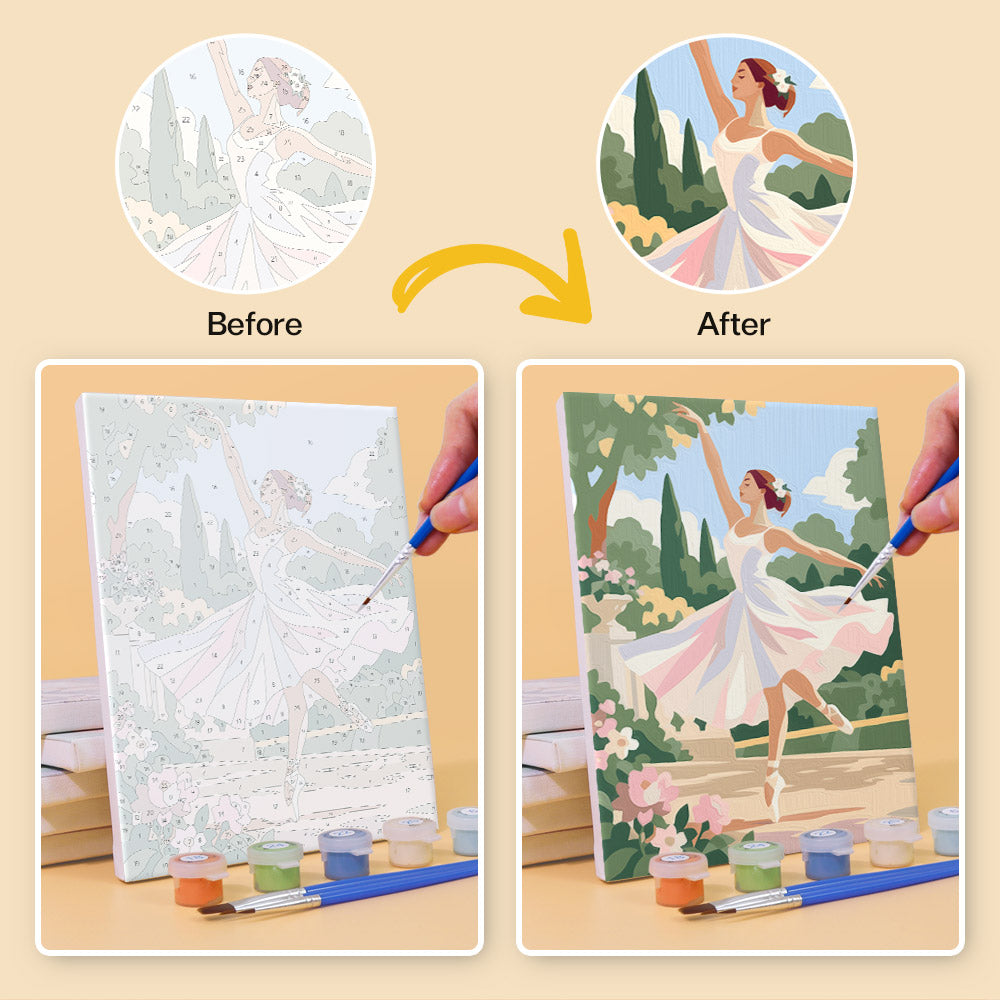 Before and after of a Prima Ballerina mini paint by numbers canvas